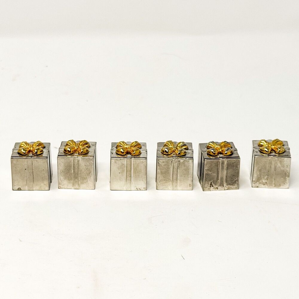 Vintage Godinger Silver Plate Gift Box Place Card Holders Gold Bows Set of 6